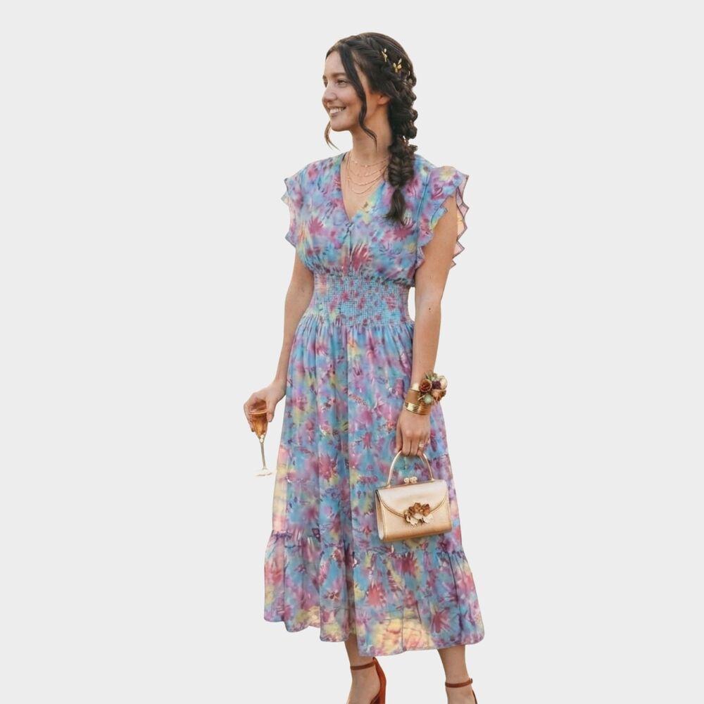 Shoshanna Anthropologie Ziara Silk Floral Smocked Midi Dress 8 Shimmer Coquette